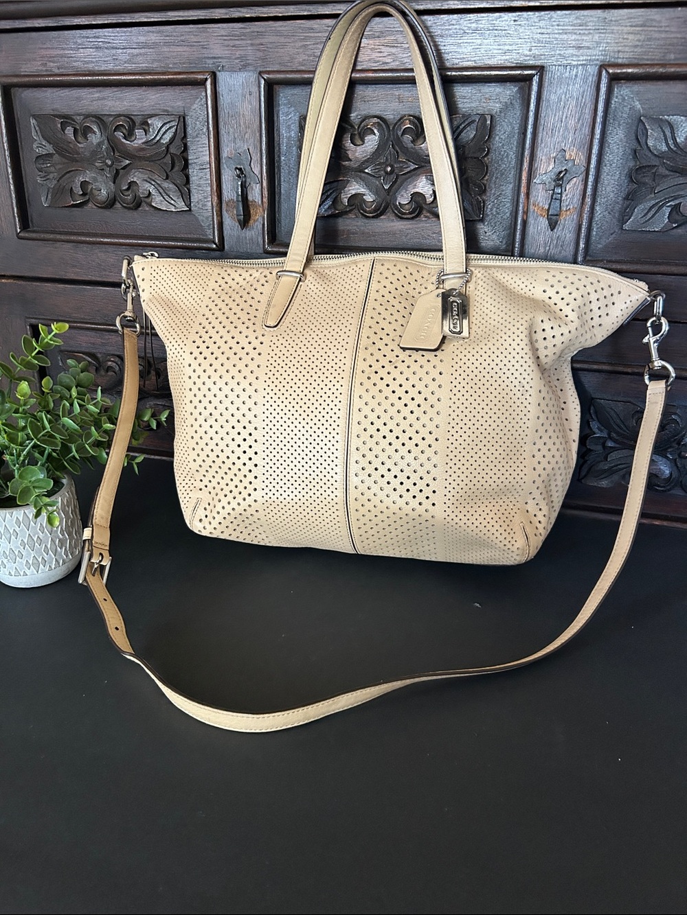 Coach Bleeker  Perforated Leather Tote with Crossbody Strap and Tote Handles